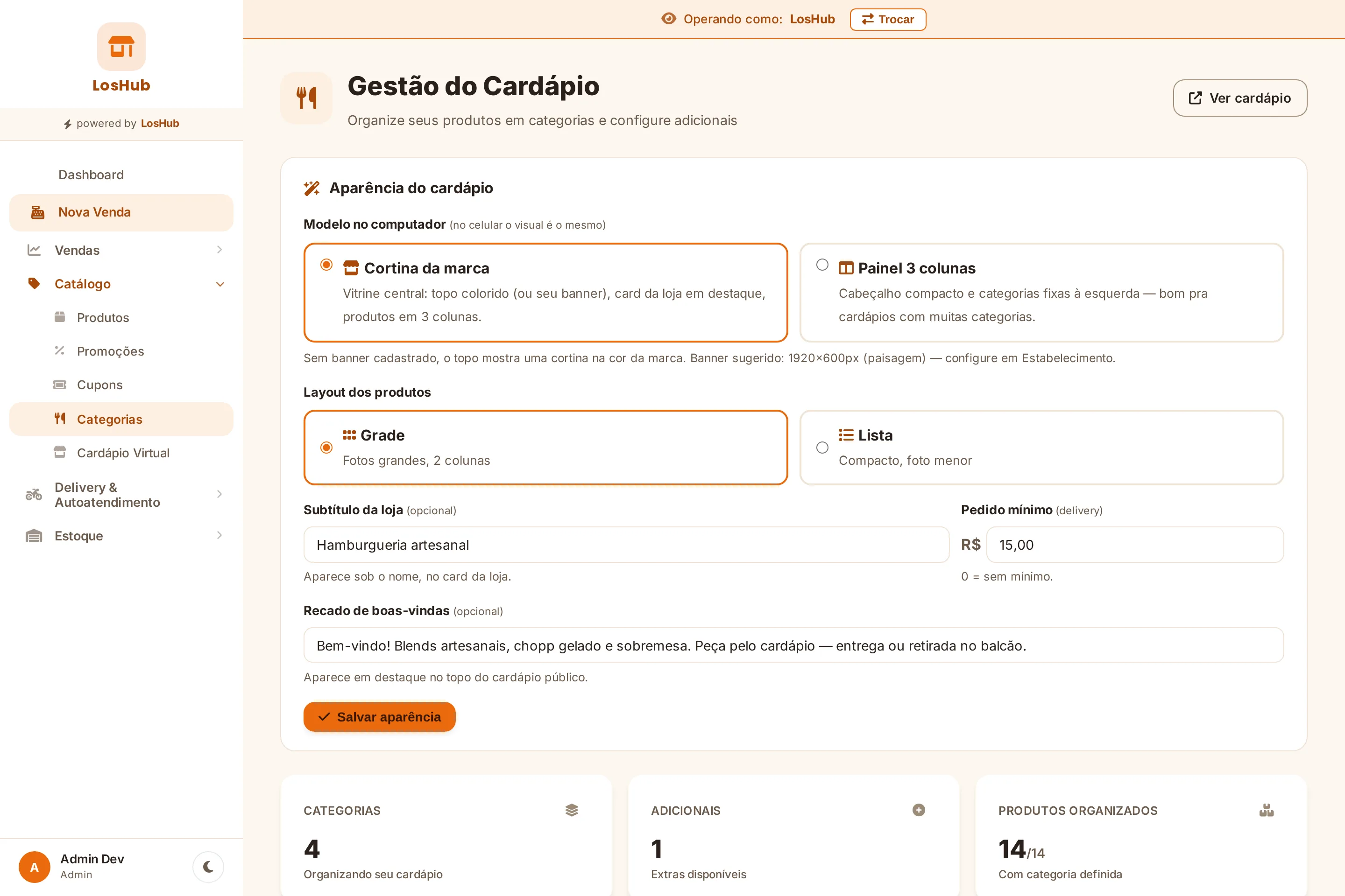 Gestão de cardápio do LosHub