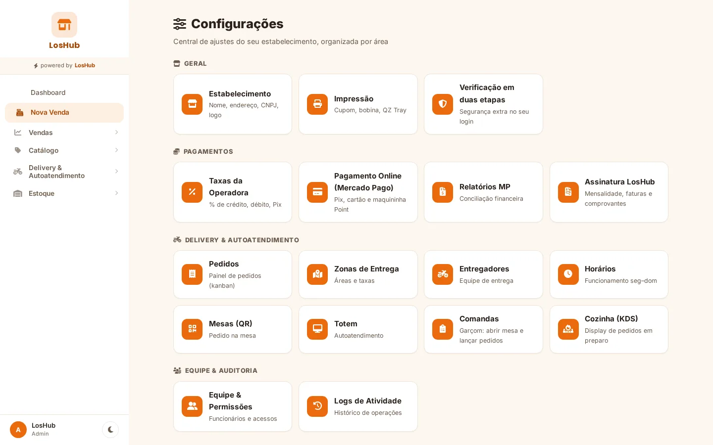 Tela de funcionalidades configuráveis